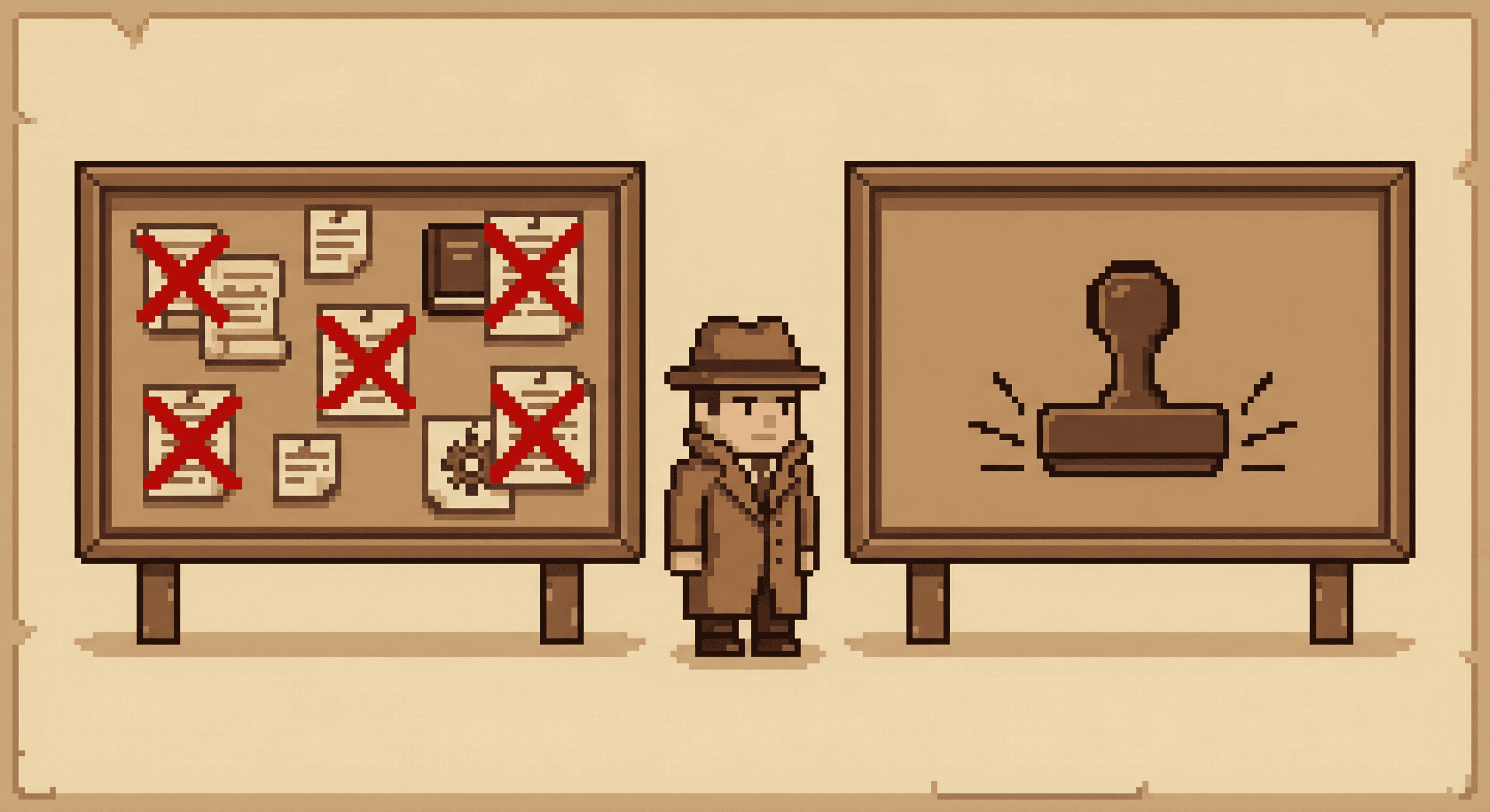 Pixel art detective standing between two evidence boards - one with specific items crossed out (DELETE) and one completely empty (TRUNCATE)