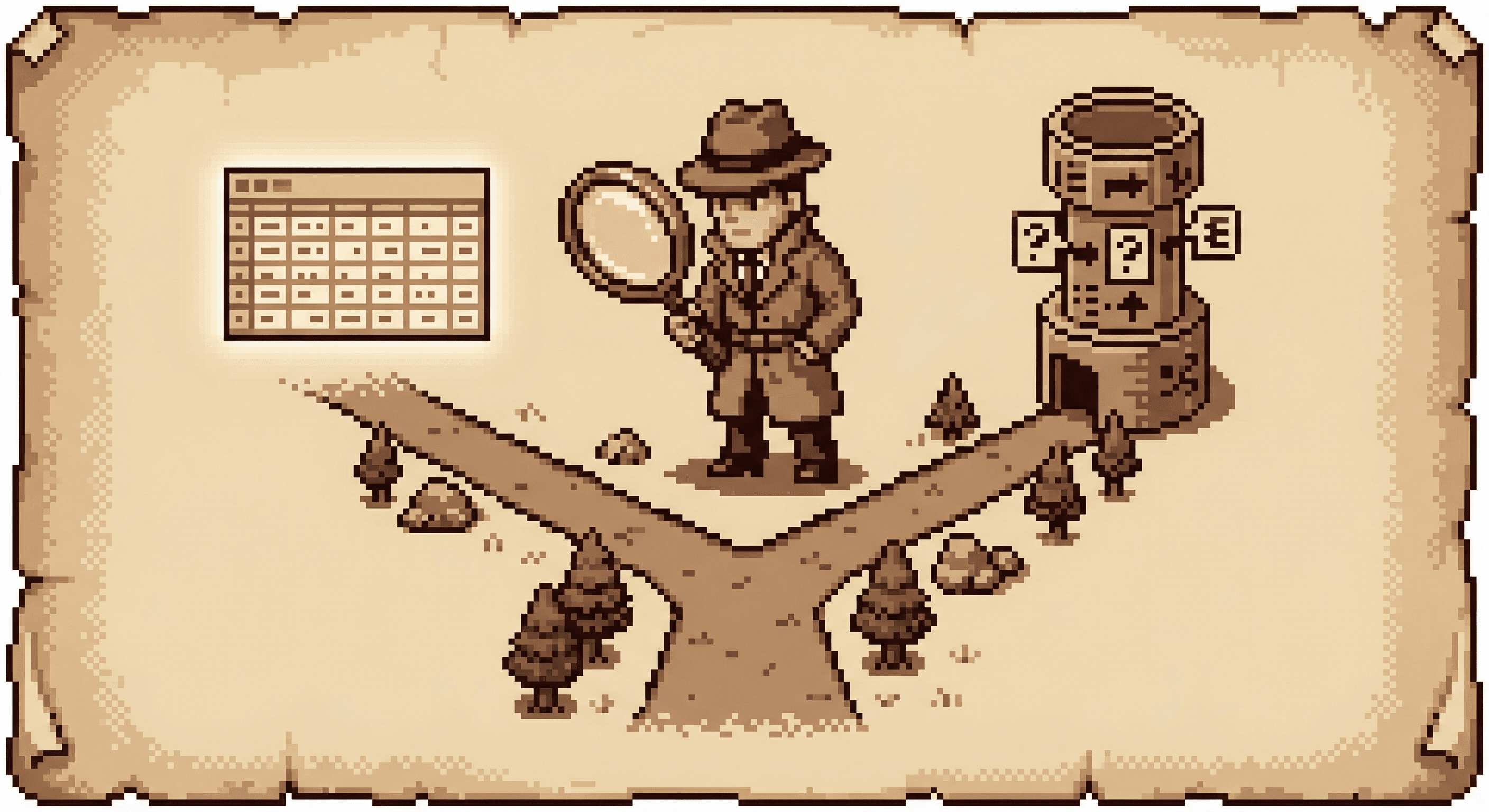 Pixel art detective at a fork in the road choosing between Excel spreadsheet and SQL database